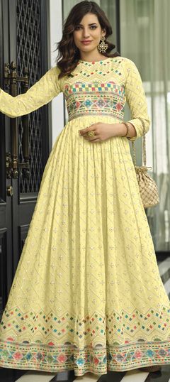 Yellow color Gown in Georgette fabric with Embroidered, Resham, Sequence, Thread work