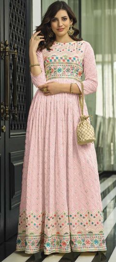 Pink and Majenta color Gown in Georgette fabric with Embroidered, Resham, Sequence, Thread work