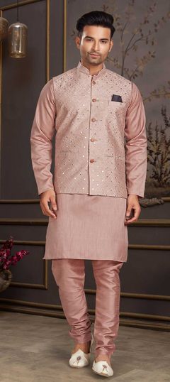 Pink and Majenta color Kurta Pyjama with Jacket in Milan Silk fabric with Embroidered, Mirror, Thread work