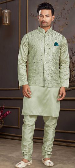 Green color Kurta Pyjama with Jacket in Milan Silk fabric with Embroidered, Mirror, Thread work