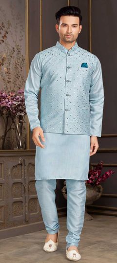 Blue color Kurta Pyjama with Jacket in Milan Silk fabric with Embroidered, Mirror, Thread work