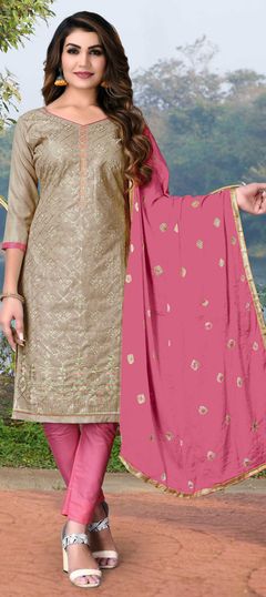 Beige and Brown color Salwar Kameez in Cotton fabric with Sequence, Thread work