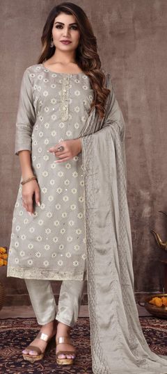 Black and Grey color Salwar Kameez in Chanderi Silk fabric with Gota Patti, Thread work