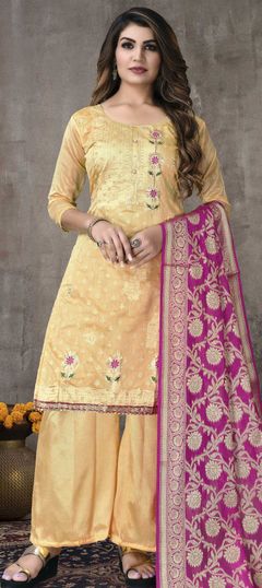 Yellow color Salwar Kameez in Chanderi Silk fabric with Embroidered, Resham, Sequence, Thread work