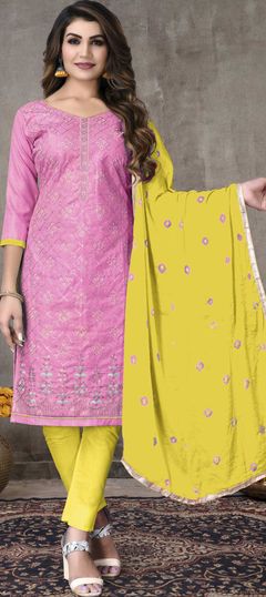 Pink and Majenta color Salwar Kameez in Cotton fabric with Sequence, Thread work