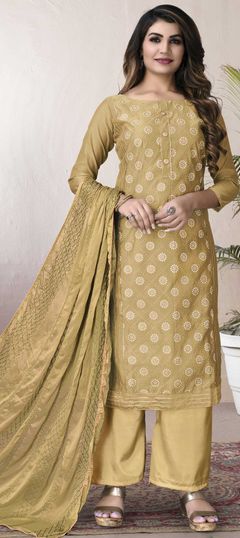 Casual Gold color Salwar Kameez in Chanderi Silk fabric with Palazzo, Straight Gota Patti, Thread work : 1810482