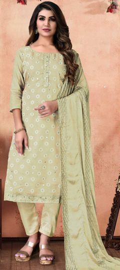 Green color Salwar Kameez in Chanderi Silk fabric with Lace, Thread work