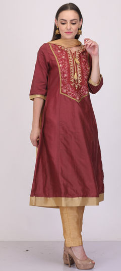 Red and Maroon color Salwar Kameez in Chanderi Silk fabric with Embroidered work