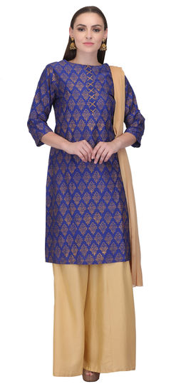 Blue color Salwar Kameez in Cotton fabric with Block Print work