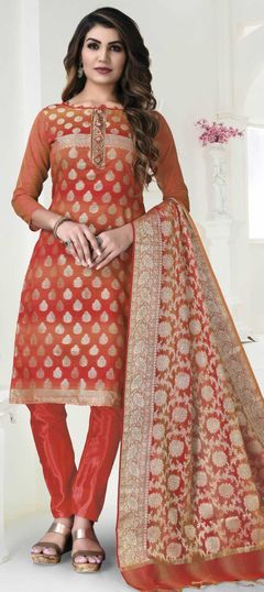 Party Wear Beige and Brown, Red and Maroon color Salwar Kameez in Banarasi Silk fabric with Straight Weaving work : 1810569