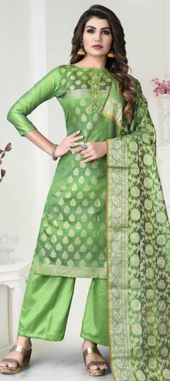 Green color Salwar Kameez in Banarasi Silk fabric with Weaving work