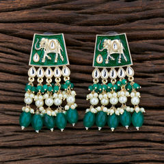 Green color Earrings in Brass studded with Beads, Cubic Zirconia, Kundan & Gold Rodium Polish : 1810638