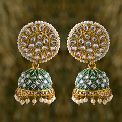 Green color Earrings in Brass studded with Beads, Cubic Zirconia, Kundan & Gold Rodium Polish : 1810647