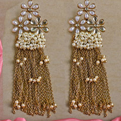 White and Off White color Earrings in Brass studded with Beads, Cubic Zirconia, Kundan & Gold Rodium Polish : 1810653