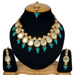 Gold Rodium Polish Blue color Necklace in Metal Alloy studded with Kundan