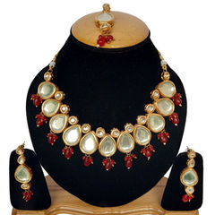 Gold Rodium Polish Red and Maroon color Necklace in Metal Alloy studded with Kundan