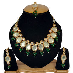 Gold Rodium Polish Green color Necklace in Metal Alloy studded with Kundan