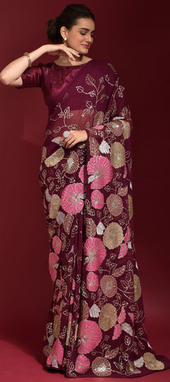 Purple and Violet color Saree in Georgette fabric with Embroidered, Sequence, Thread work