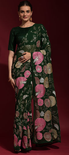 Green color Saree in Georgette fabric with Embroidered, Sequence, Thread work