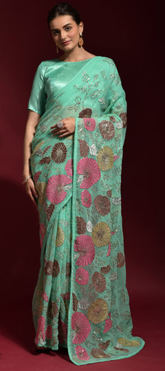 Blue color Saree in Georgette fabric with Embroidered, Sequence, Thread work