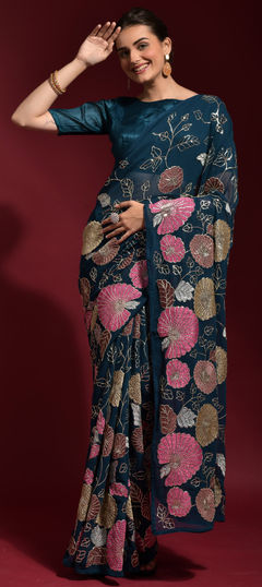 Blue color Saree in Georgette fabric with Embroidered, Sequence, Thread work