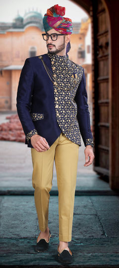 Blue color Jodhpuri Suit in Art Silk fabric with Broches, Embroidered, Thread, Zari work