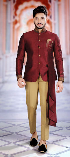 Red and Maroon color Jodhpuri Suit in Art Silk fabric with Broches, Bugle Beads work