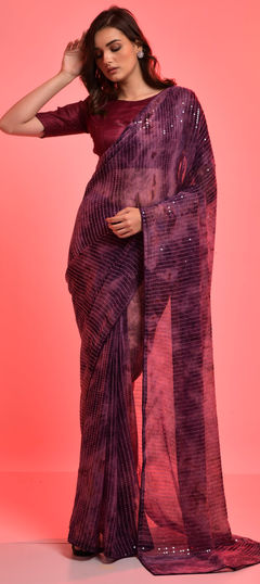 Purple and Violet color Saree in Chiffon fabric with Embroidered, Printed, Sequence work