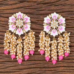 Gold Rodium Polish Pink and Majenta, White and Off White color Earrings in Brass studded with Beads, Kundan, Pearl