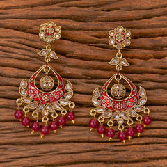 Gold Rodium Polish Red and Maroon, White and Off White color Earrings in Brass studded with Beads, Kundan, Pearl