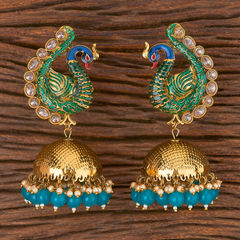 Gold Rodium Polish Green, White and Off White color Earrings in Brass studded with Beads, Kundan, Pearl