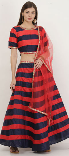 Blue, Red and Maroon color Ready to Wear Lehenga in Art Silk fabric with Lace, Patch work