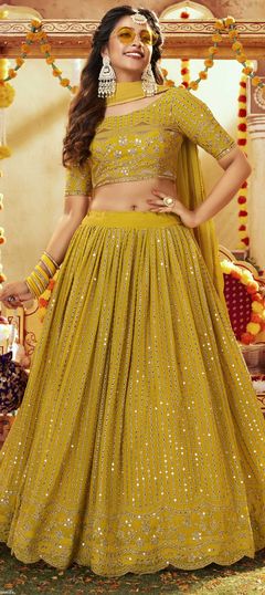 Reception, Wedding Yellow color Lehenga in Georgette fabric with A Line Embroidered, Sequence, Thread work : 1810997