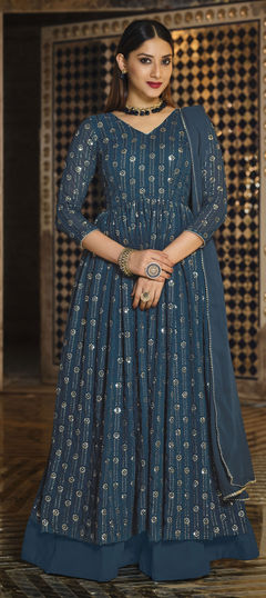 Blue color Long Lehenga Choli in Georgette fabric with Embroidered, Sequence, Thread work