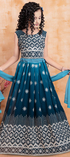 Blue color Kids Lehenga in Georgette fabric with Embroidered, Sequence, Thread work