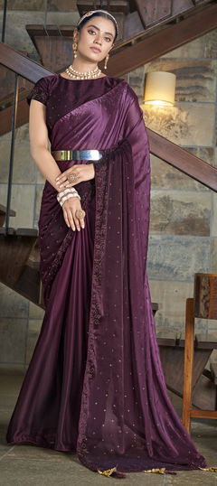 Purple and Violet color Saree in Art Silk, Silk fabric with Stone, Swarovski work