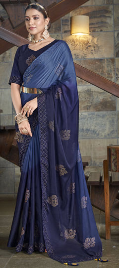 Blue color Saree in Art Silk, Silk fabric with Stone, Swarovski work