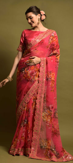 Casual, Party Wear Pink and Majenta color Saree in Georgette fabric with Classic Embroidered, Floral, Printed, Sequence work : 1811513