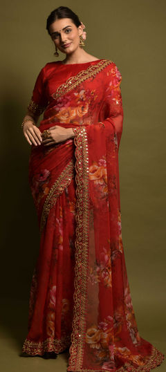 Red and Maroon color Saree in Georgette fabric with Embroidered, Floral, Printed, Sequence work