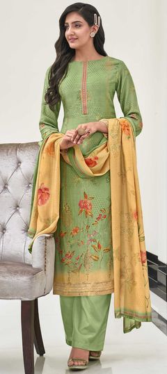 Green color Salwar Kameez in Muslin fabric with Digital Print, Embroidered, Floral, Zardozi work