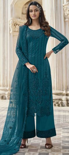 Blue color Salwar Kameez in Net fabric with Stone, Thread work