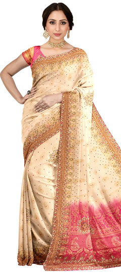 Beige and Brown color Saree in Kanchipuram Silk, Silk fabric with Bugle Beads, Cut Dana, Stone, Weaving work