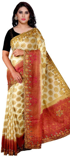 Beige and Brown color Saree in Kanchipuram Silk, Silk fabric with Cut Dana, Stone, Weaving work