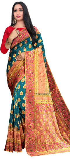 Blue color Saree in Kanchipuram Silk, Silk fabric with Weaving, Zircon work