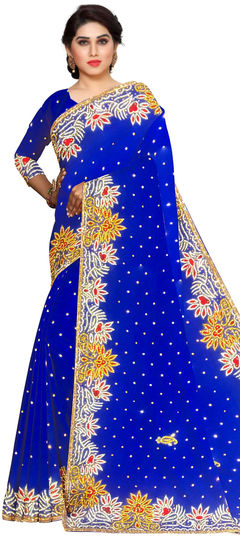 Blue color Saree in Georgette fabric with Cut Dana, Stone work