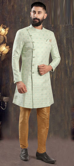 Green color IndoWestern Dress in Jacquard fabric with Weaving work
