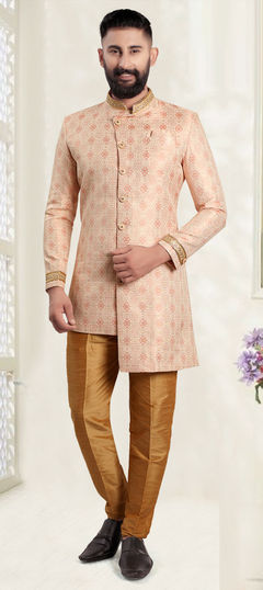 Pink and Majenta color IndoWestern Dress in Jacquard fabric with Weaving work