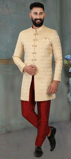 Beige and Brown color IndoWestern Dress in Jacquard fabric with Weaving work