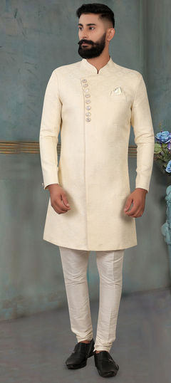 Beige and Brown color IndoWestern Dress in Jacquard fabric with Weaving work