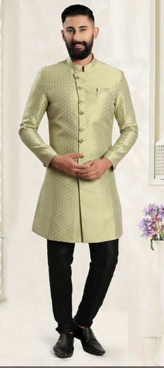 Green color IndoWestern Dress in Jacquard fabric with Weaving work